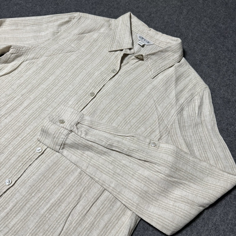 ORVIS Women's S Beige Striped Linen-Blend Roll-Tab Sleeve Button-Up Shirt‎ Top